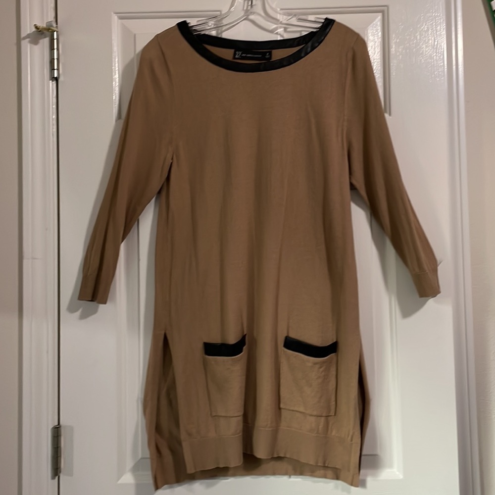 Soft as cashmere with faux leather trim camel tunic sweater